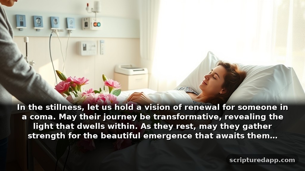 Inspirational Prayer for Someone in a Coma About Growth: In the stillness, let us hold a vision of renewal for someone in a coma. May their journey be transformative, revealing the light that dwells within. As they rest, may they gather strength for the beautiful emergence that awaits them.