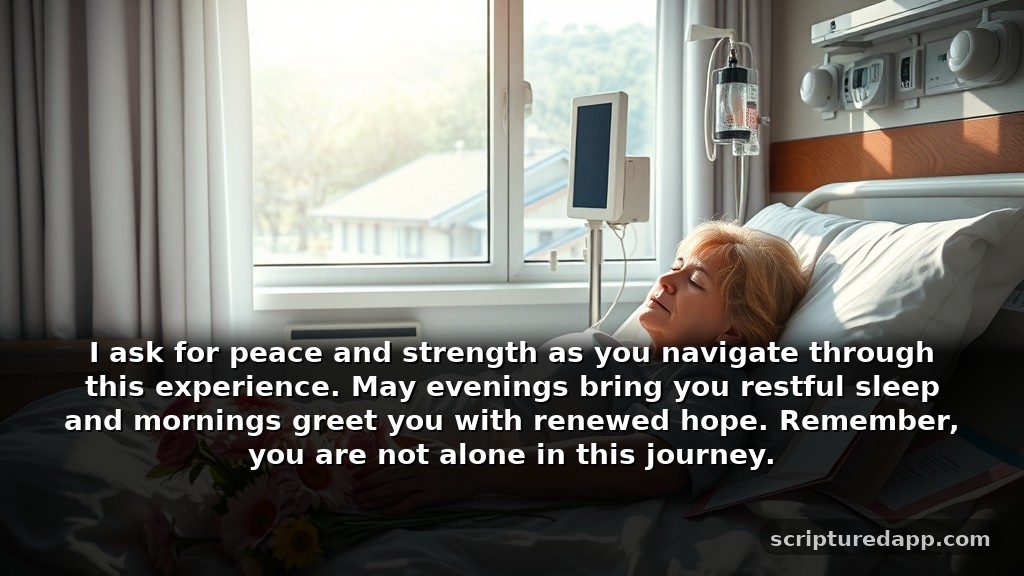 Heartfelt Prayer for Someone in the Hospital Needing Healing: I ask for peace and strength as you navigate through this experience. May evenings bring you restful sleep and mornings greet you with renewed hope. Remember, you are not alone in this journey.