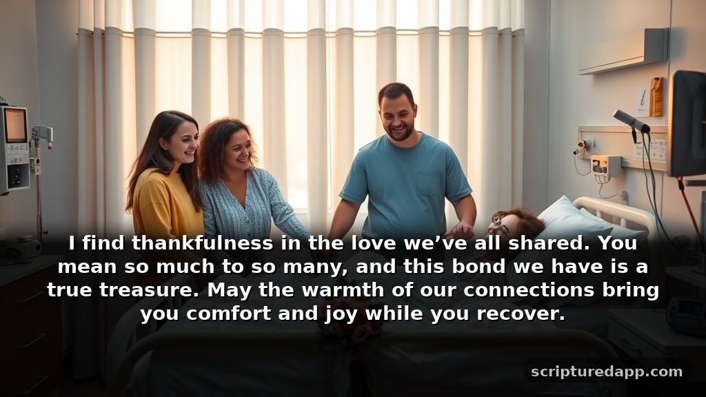 Simple Prayer for Someone in the Hospital to Show Gratitude: I find thankfulness in the love we’ve all shared. You mean so much to so many, and this bond we have is a true treasure. May the warmth of our connections bring you comfort and joy while you recover.