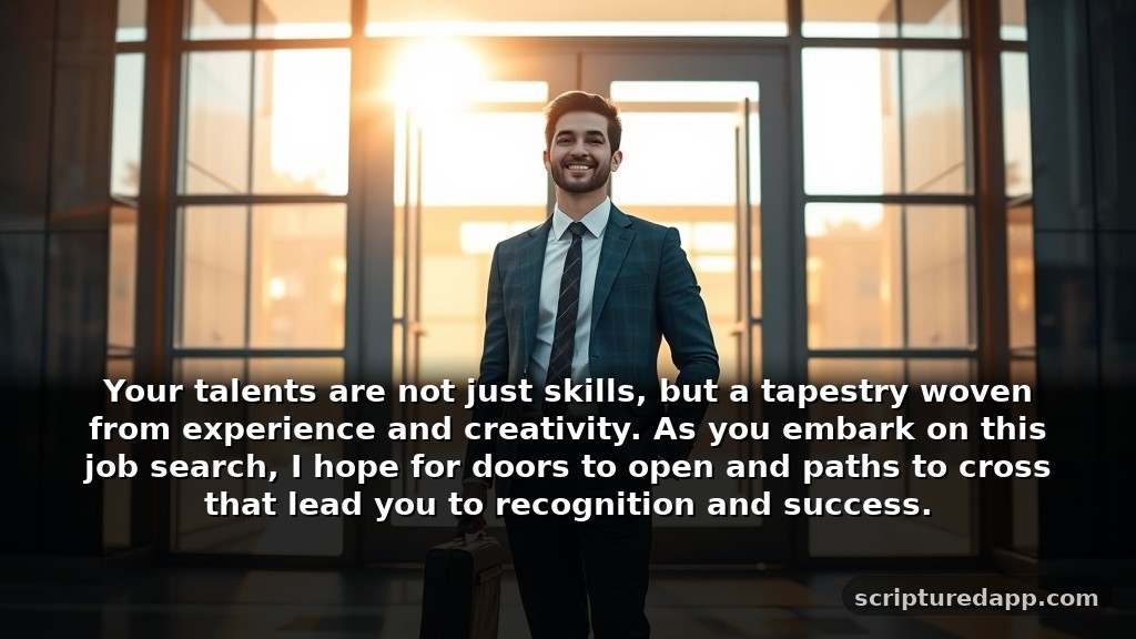 Clever Prayer for Son to Get a Job that Celebrates His Talents: Your talents are not just skills, but a tapestry woven from experience and creativity. As you embark on this job search, I hope for doors to open and paths to cross that lead you to recognition and success.