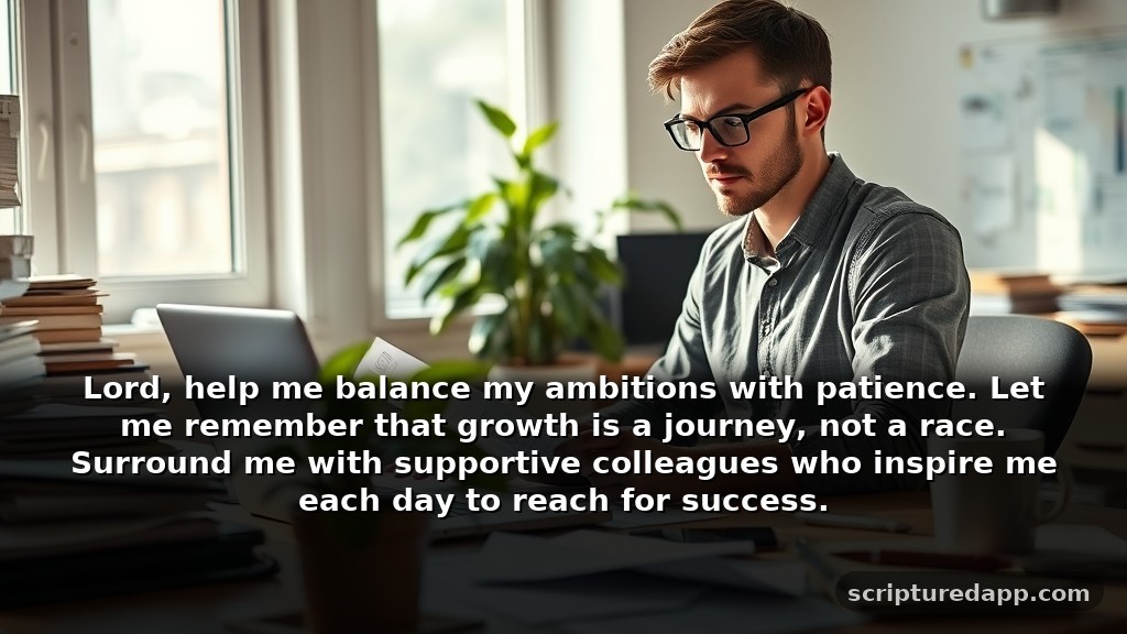 Prayer for Strength at Work to Cultivate Growth: Lord, help me balance my ambitions with patience. Let me remember that growth is a journey, not a race. Surround me with supportive colleagues who inspire me each day to reach for success.