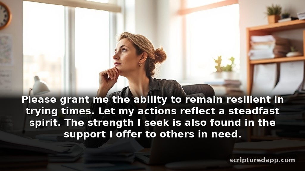 Short Prayer for Strength at Work During Difficult Times: Please grant me the ability to remain resilient in trying times. Let my actions reflect a steadfast spirit. The strength I seek is also found in the support I offer to others in need.