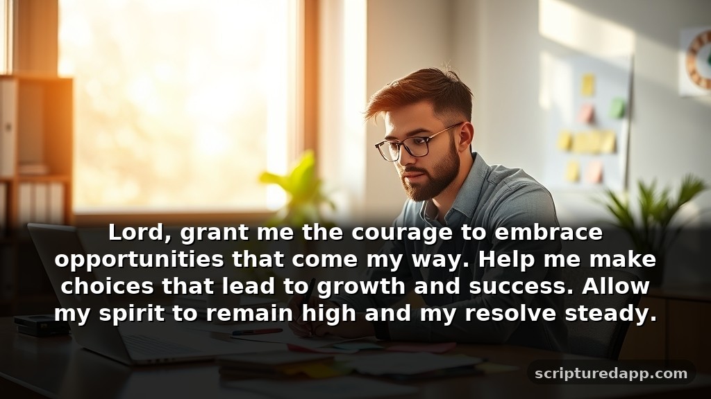 A Short Prayer for Success in Work: Lord, grant me the courage to embrace opportunities that come my way. Help me make choices that lead to growth and success. Allow my spirit to remain high and my resolve steady.