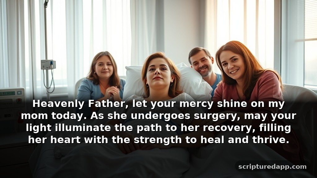 Heartfelt Prayer for Surgery for Mom's Healing Journey: Heavenly Father, let your mercy shine on my mom today. As she undergoes surgery, may your light illuminate the path to her recovery, filling her heart with the strength to heal and thrive.