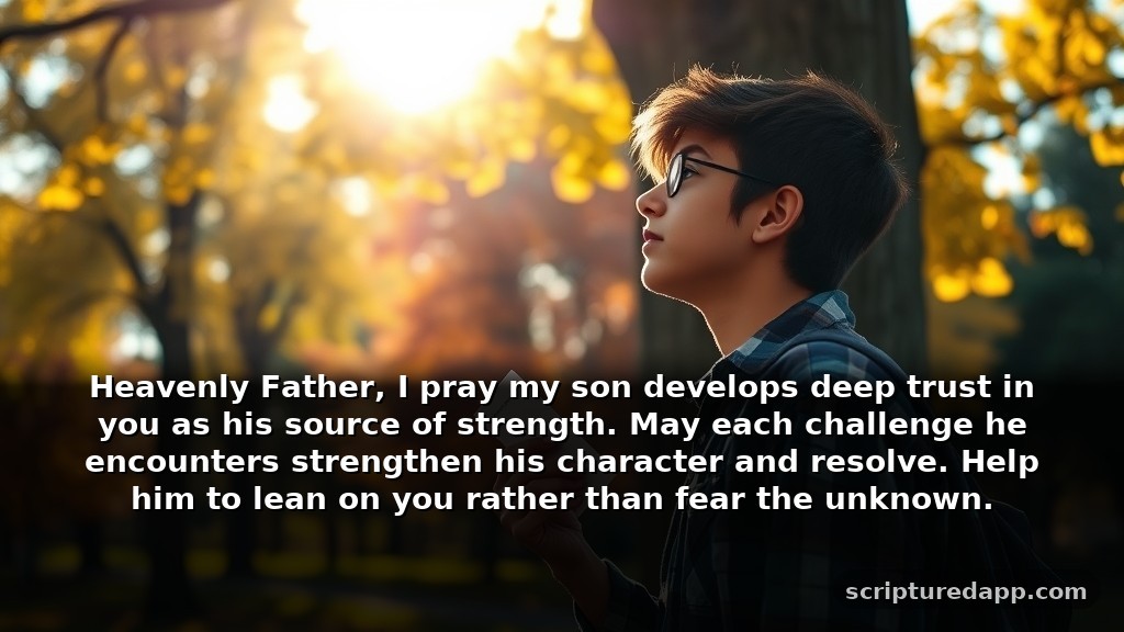 When Your Teenage Son Needs Protection: Prayer for Safety: Heavenly Father, I pray my son develops deep trust in you as his source of strength. May each challenge he encounters strengthen his character and resolve. Help him to lean on you rather than fear the unknown.