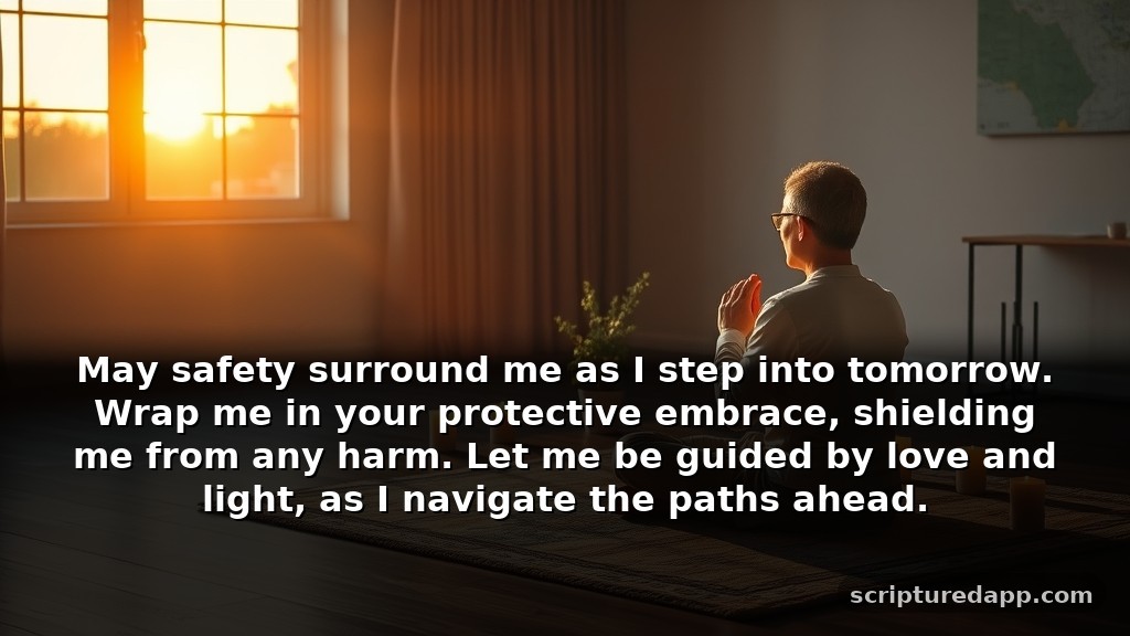 Heartfelt Prayer for Tomorrow's Protection: May safety surround me as I step into tomorrow. Wrap me in your protective embrace, shielding me from any harm. Let me be guided by love and light, as I navigate the paths ahead.