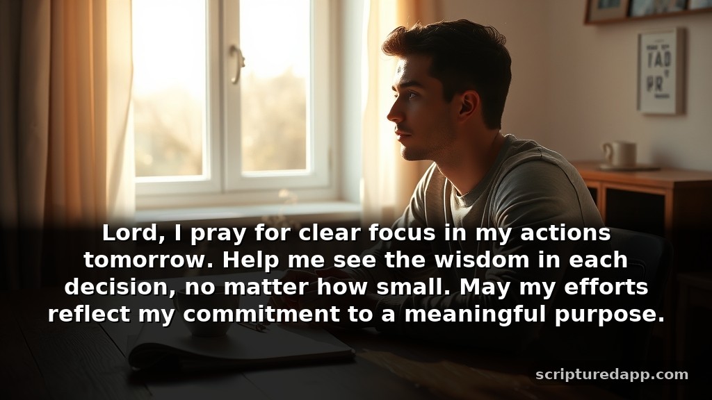 Simple Prayer for Tomorrow's Guidance: Lord, I pray for clear focus in my actions tomorrow. Help me see the wisdom in each decision, no matter how small. May my efforts reflect my commitment to a meaningful purpose.