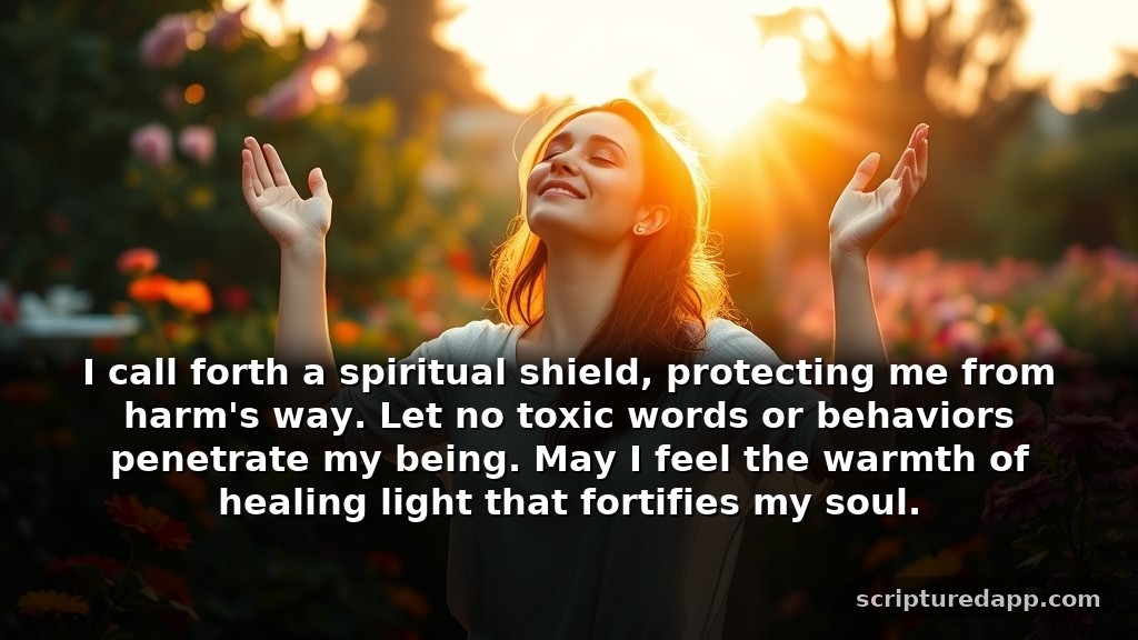 Prayer to Remove Negative Energy for Protection Against Toxic People: I call forth a spiritual shield, protecting me from harm's way. Let no toxic words or behaviors penetrate my being. May I feel the warmth of healing light that fortifies my soul.