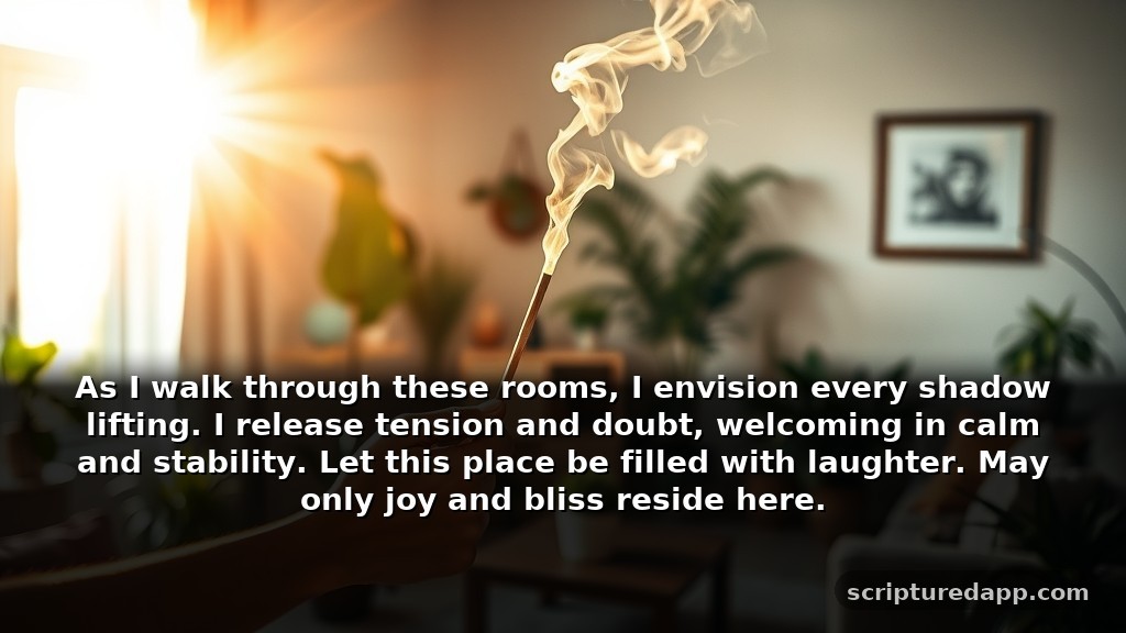 Short Prayer to Remove Negative Energy from Your Home: As I walk through these rooms, I envision every shadow lifting. I release tension and doubt, welcoming in calm and stability. Let this place be filled with laughter. May only joy and bliss reside here.