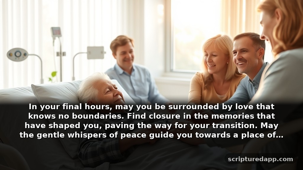Heartfelt Prayers for a Peaceful Transition to Heaven for Healing: In your final hours, may you be surrounded by love that knows no boundaries. Find closure in the memories that have shaped you, paving the way for your transition. May the gentle whispers of peace guide you towards a place of eternal joy.