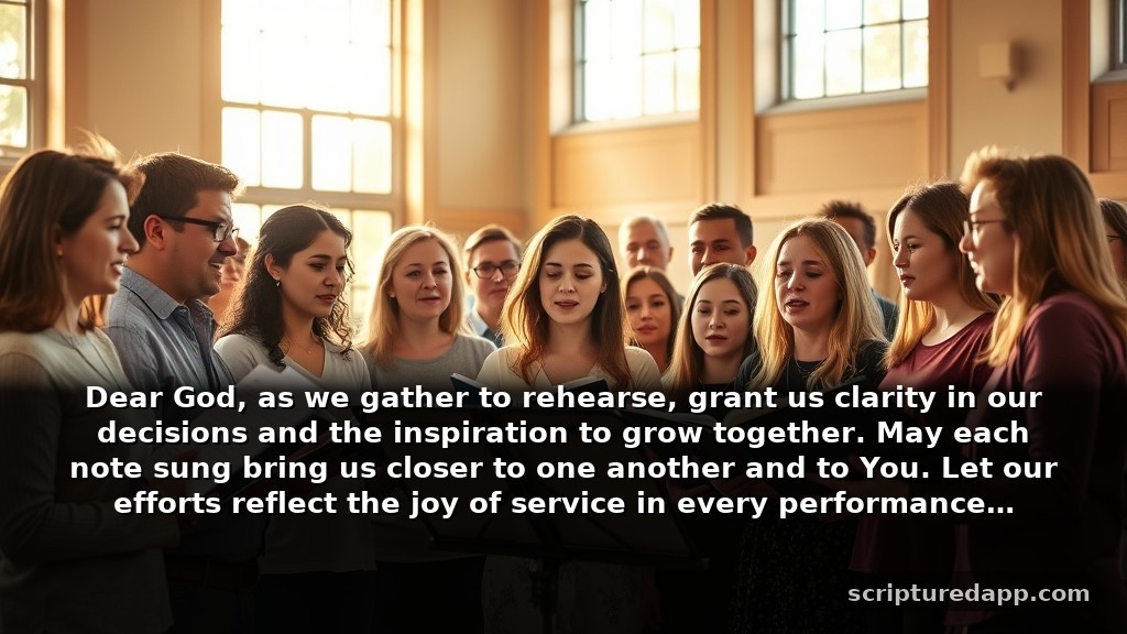 Heartfelt Prayers for Choirs Seeking Guidance: Dear God, as we gather to rehearse, grant us clarity in our decisions and the inspiration to grow together. May each note sung bring us closer to one another and to You. Let our efforts reflect the joy of service in every performance.