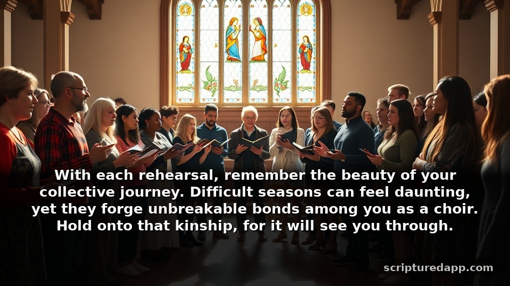 Prayers for Choirs Facing Difficult Seasons: With each rehearsal, remember the beauty of your collective journey. Difficult seasons can feel daunting, yet they forge unbreakable bonds among you as a choir. Hold onto that kinship, for it will see you through.