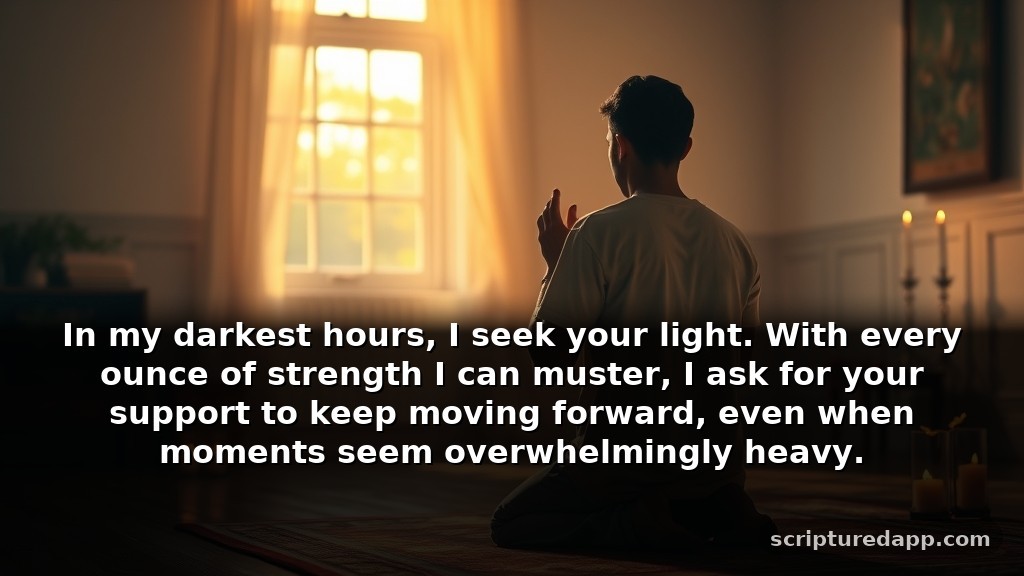 Short Prayers for Divine Intervention During Difficult Times: In my darkest hours, I seek your light. With every ounce of strength I can muster, I ask for your support to keep moving forward, even when moments seem overwhelmingly heavy.