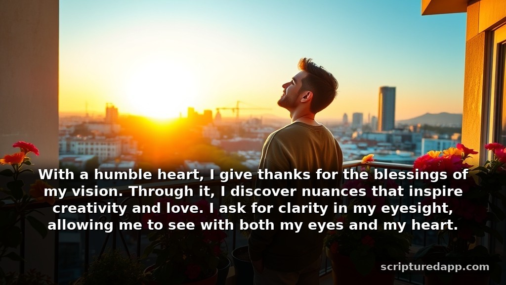 Gratitude Prayers for Eyesight Improvement: With a humble heart, I give thanks for the blessings of my vision. Through it, I discover nuances that inspire creativity and love. I ask for clarity in my eyesight, allowing me to see with both my eyes and my heart.