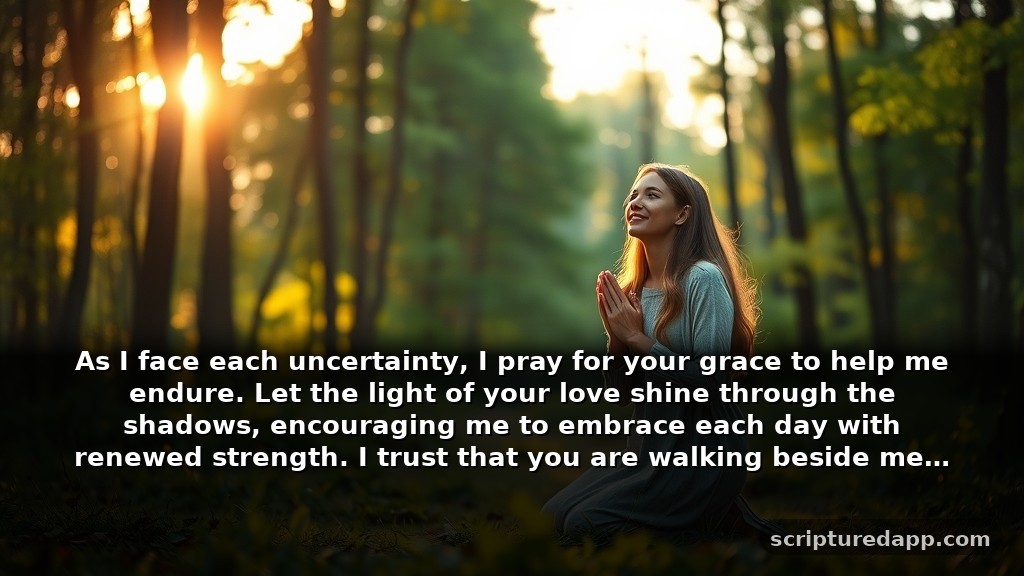 Heartfelt Prayers for Grace During Difficult Seasons: As I face each uncertainty, I pray for your grace to help me endure. Let the light of your love shine through the shadows, encouraging me to embrace each day with renewed strength. I trust that you are walking beside me, even when I feel lost.