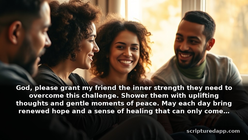Powerful Prayers for Healing for a Friend in Need of Strength: God, please grant my friend the inner strength they need to overcome this challenge. Shower them with uplifting thoughts and gentle moments of peace. May each day bring renewed hope and a sense of healing that can only come from you.