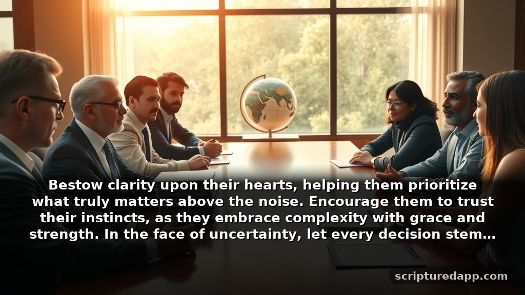 Prayers for Leaders Needing Guidance in Decision-Making: Bestow clarity upon their hearts, helping them prioritize what truly matters above the noise. Encourage them to trust their instincts, as they embrace complexity with grace and strength. In the face of uncertainty, let every decision stem from a place of calm and assuredness.