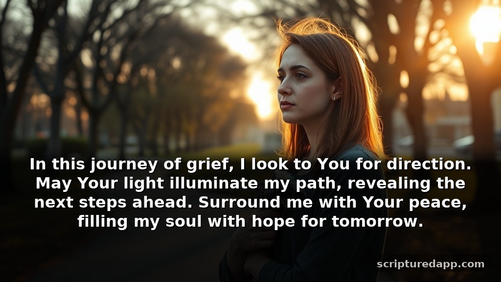 Guiding Prayers for Loss of Husband Seeking Direction: In this journey of grief, I look to You for direction. May Your light illuminate my path, revealing the next steps ahead. Surround me with Your peace, filling my soul with hope for tomorrow.