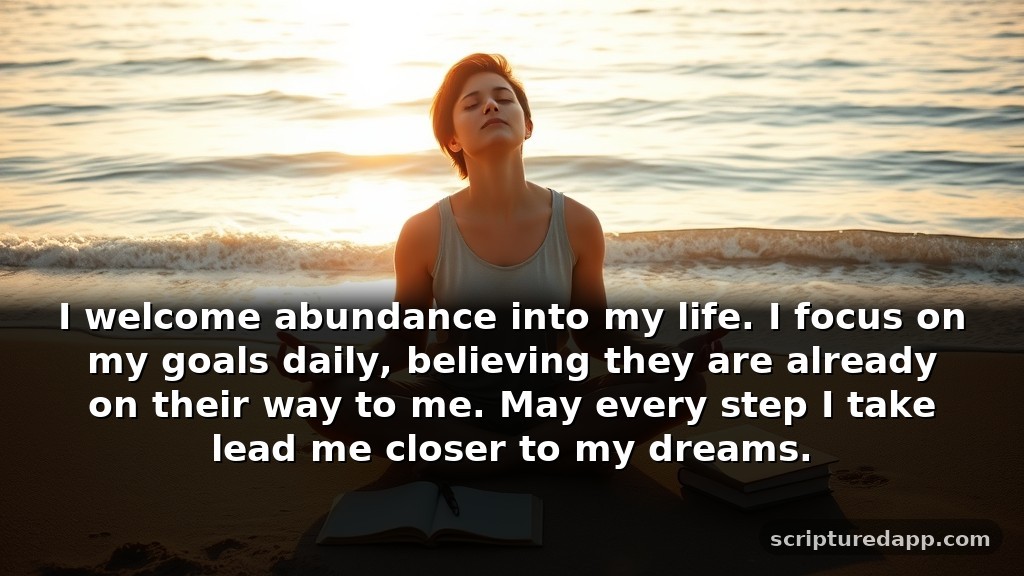 Short Prayers for Manifestation of Success: I welcome abundance into my life. I focus on my goals daily, believing they are already on their way to me. May every step I take lead me closer to my dreams.