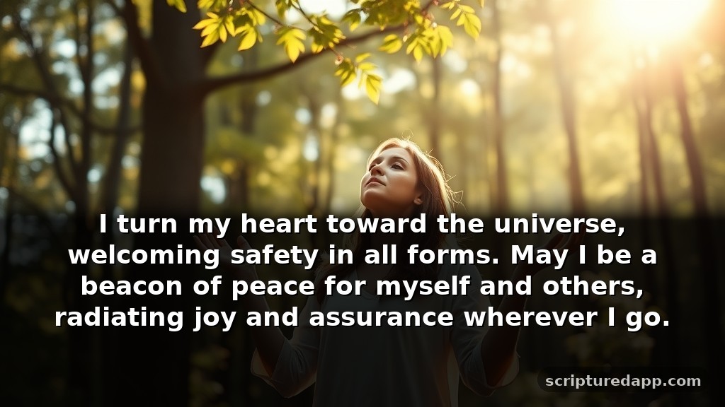 Uplifting Prayers for Manifestation of Protection: I turn my heart toward the universe, welcoming safety in all forms. May I be a beacon of peace for myself and others, radiating joy and assurance wherever I go.