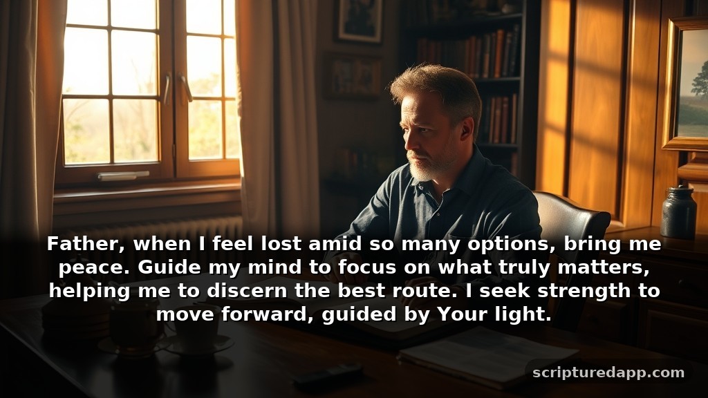 When You Need Guidance: Prayers for Men Facing Decisions: Father, when I feel lost amid so many options, bring me peace. Guide my mind to focus on what truly matters, helping me to discern the best route. I seek strength to move forward, guided by Your light.