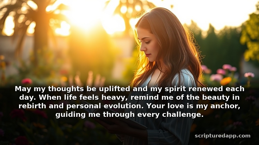 Inspirational Prayers for Restoration and Personal Growth: May my thoughts be uplifted and my spirit renewed each day. When life feels heavy, remind me of the beauty in rebirth and personal evolution. Your love is my anchor, guiding me through every challenge.