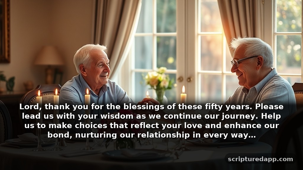 Uplifting Religious 50th Wedding Anniversary Prayer for Guidance: Lord, thank you for the blessings of these fifty years. Please lead us with your wisdom as we continue our journey. Help us to make choices that reflect your love and enhance our bond, nurturing our relationship in every way.