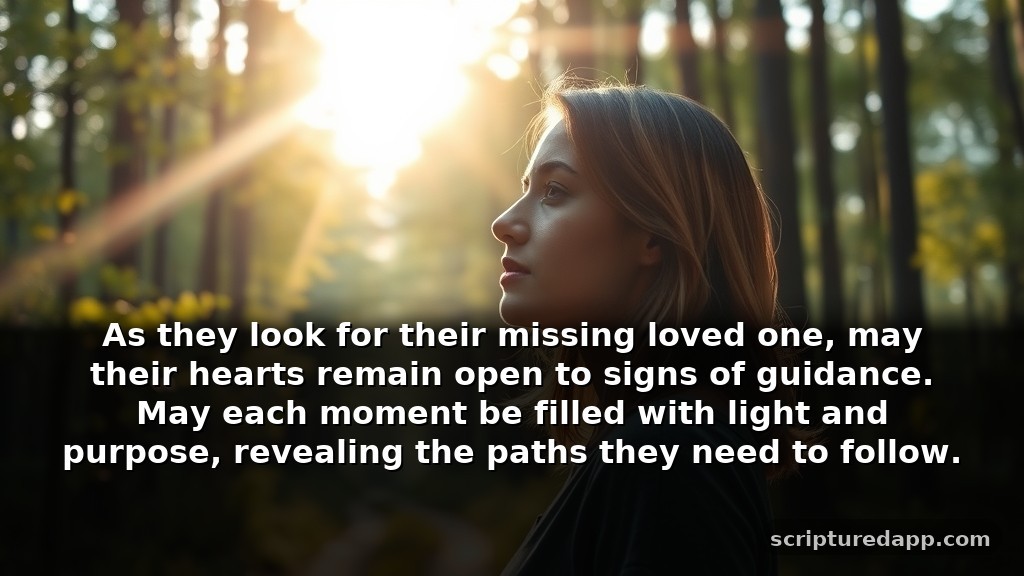 Short Prayer for a Missing Person's Guidance: As they look for their missing loved one, may their hearts remain open to signs of guidance. May each moment be filled with light and purpose, revealing the paths they need to follow.