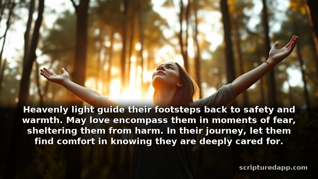 Short Prayer for a Missing Person's Protection: Heavenly light guide their footsteps back to safety and warmth. May love encompass them in moments of fear, sheltering them from harm. In their journey, let them find comfort in knowing they are deeply cared for.