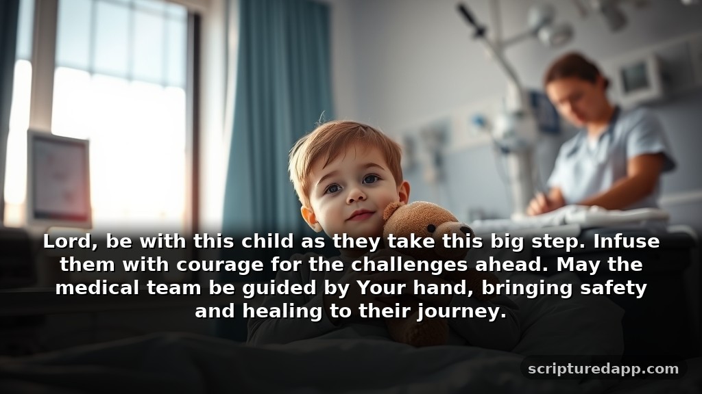 Short Prayer for Child Having Surgery for Protection: Lord, be with this child as they take this big step. Infuse them with courage for the challenges ahead. May the medical team be guided by Your hand, bringing safety and healing to their journey.
