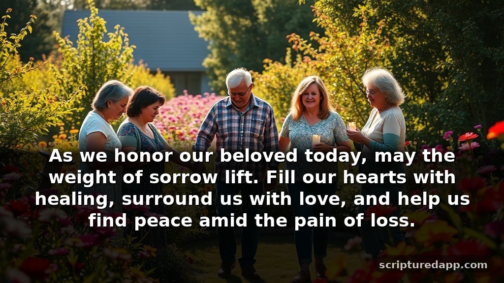 Short Prayer for Death Anniversary Focused on Healing: As we honor our beloved today, may the weight of sorrow lift. Fill our hearts with healing, surround us with love, and help us find peace amid the pain of loss.