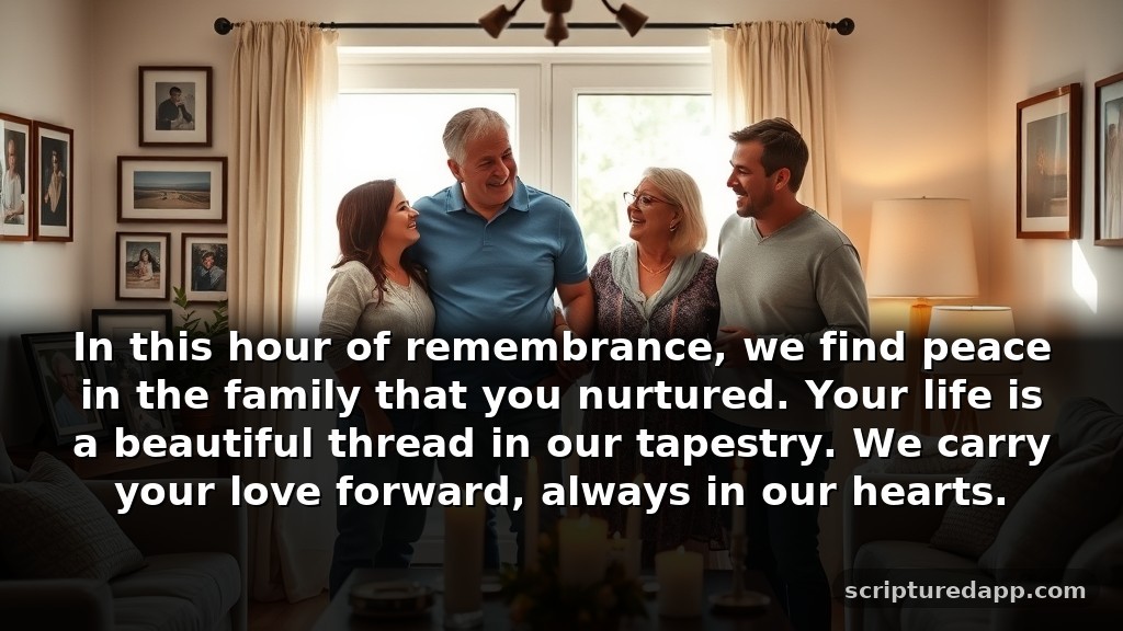 Short Prayer for Death Anniversary to Honor Family: In this hour of remembrance, we find peace in the family that you nurtured. Your life is a beautiful thread in our tapestry. We carry your love forward, always in our hearts.