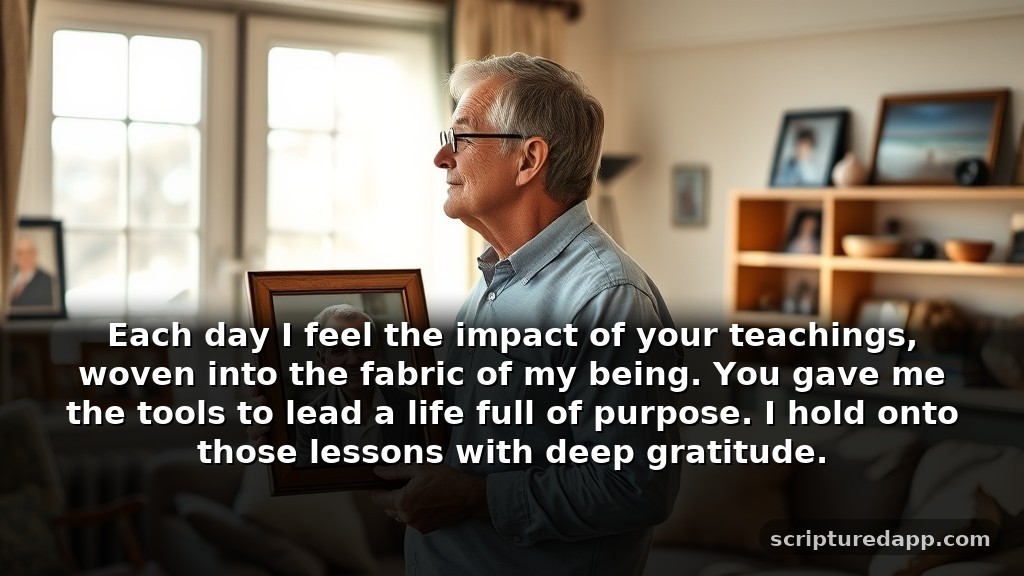 Short Prayer for Loss of Father with Gratitude for His Life: Each day I feel the impact of your teachings, woven into the fabric of my being. You gave me the tools to lead a life full of purpose. I hold onto those lessons with deep gratitude.