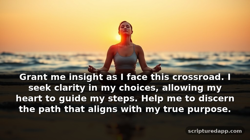 Heartfelt Spiritual Cleansing Prayer for Guidance in Life Decisions: Grant me insight as I face this crossroad. I seek clarity in my choices, allowing my heart to guide my steps. Help me to discern the path that aligns with my true purpose.