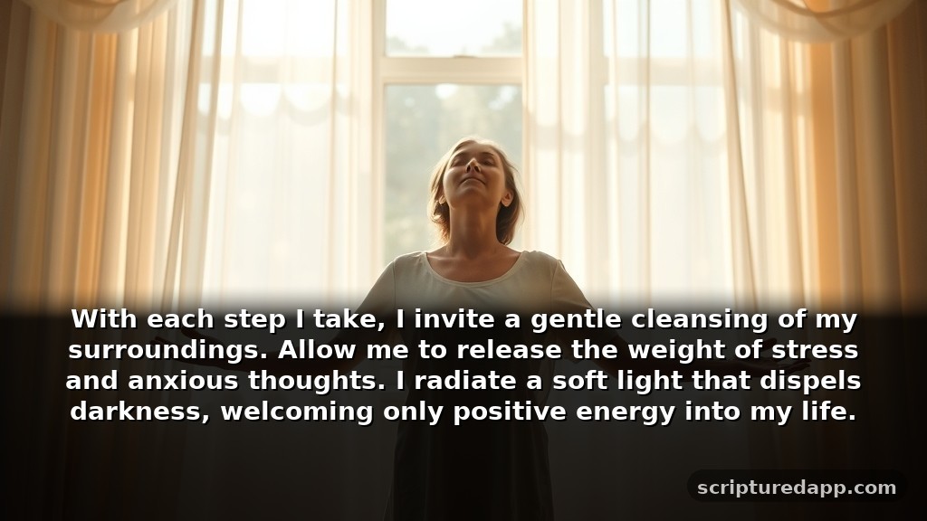 Spiritual Cleansing Prayer for Protection from Negative Energy: With each step I take, I invite a gentle cleansing of my surroundings. Allow me to release the weight of stress and anxious thoughts. I radiate a soft light that dispels darkness, welcoming only positive energy into my life.