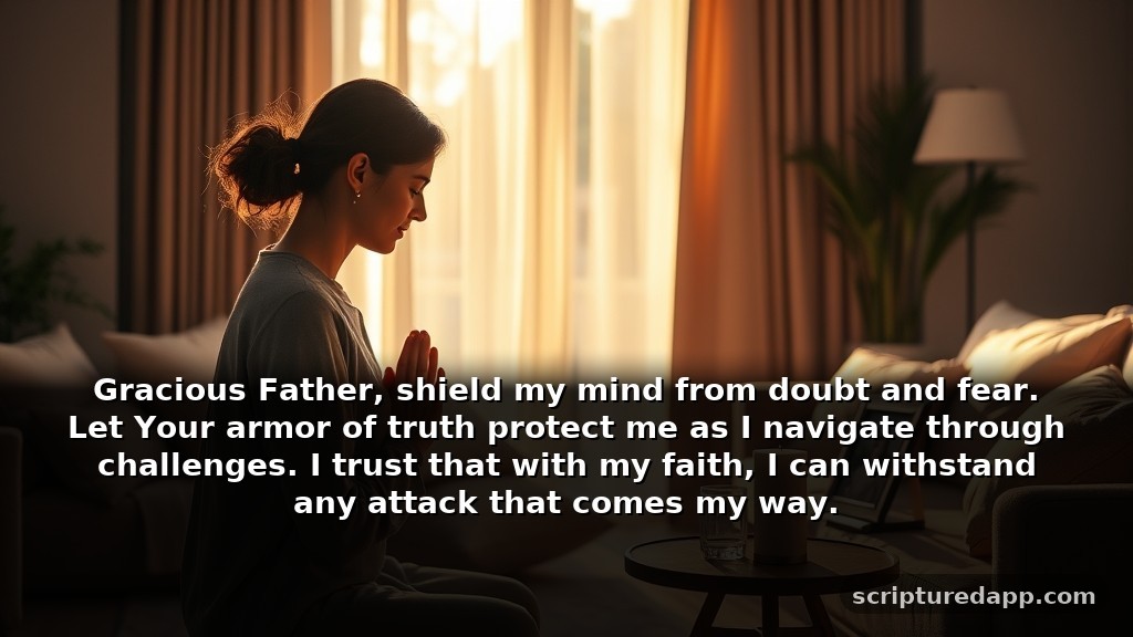Powerful Spiritual Warfare Prayers for Protection: Gracious Father, shield my mind from doubt and fear. Let Your armor of truth protect me as I navigate through challenges. I trust that with my faith, I can withstand any attack that comes my way.