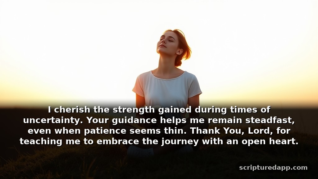 Heartfelt Thank You Lord for Answered Prayers for Patience: I cherish the strength gained during times of uncertainty. Your guidance helps me remain steadfast, even when patience seems thin. Thank You, Lord, for teaching me to embrace the journey with an open heart.
