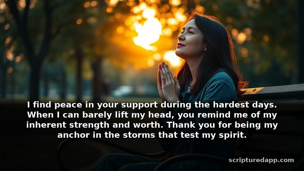 Thank You Lord for Answered Prayers During Difficult Times: I find peace in your support during the hardest days. When I can barely lift my head, you remind me of my inherent strength and worth. Thank you for being my anchor in the storms that test my spirit.