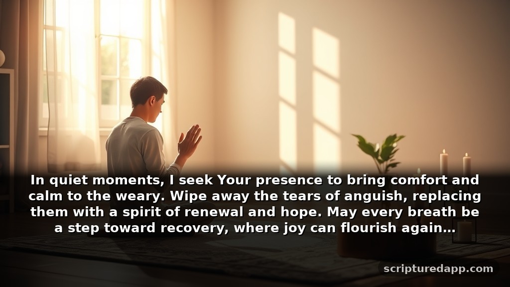 Powerful Tuesday Prayers for Healing: In quiet moments, I seek Your presence to bring comfort and calm to the weary. Wipe away the tears of anguish, replacing them with a spirit of renewal and hope. May every breath be a step toward recovery, where joy can flourish again.