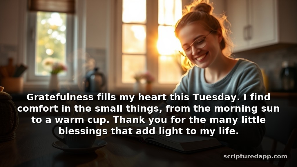 Short Tuesday Prayers for Gratitude: Gratefulness fills my heart this Tuesday. I find comfort in the small things, from the morning sun to a warm cup. Thank you for the many little blessings that add light to my life.