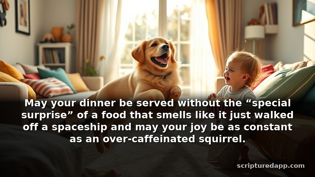Funny Weekend Prayers and Blessings to Brighten Your Day: May your dinner be served without the “special surprise” of a food that smells like it just walked off a spaceship and may your joy be as constant as an over-caffeinated squirrel.