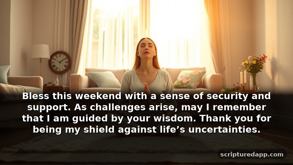 Short Weekend Prayers and Blessings for Protection: Bless this weekend with a sense of security and support. As challenges arise, may I remember that I am guided by your wisdom. Thank you for being my shield against life’s uncertainties.
