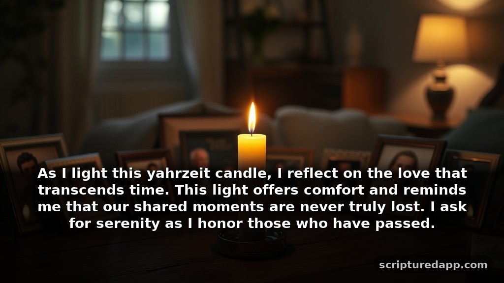 Heartfelt Yahrzeit Candle Prayer for Protection: As I light this yahrzeit candle, I reflect on the love that transcends time. This light offers comfort and reminds me that our shared moments are never truly lost. I ask for serenity as I honor those who have passed.